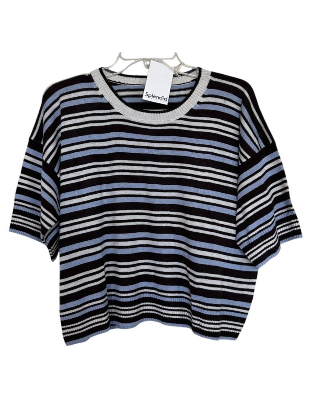 Splendid Sweater Womens Size Large Cropped Striped Short Sleeve Blue Brown